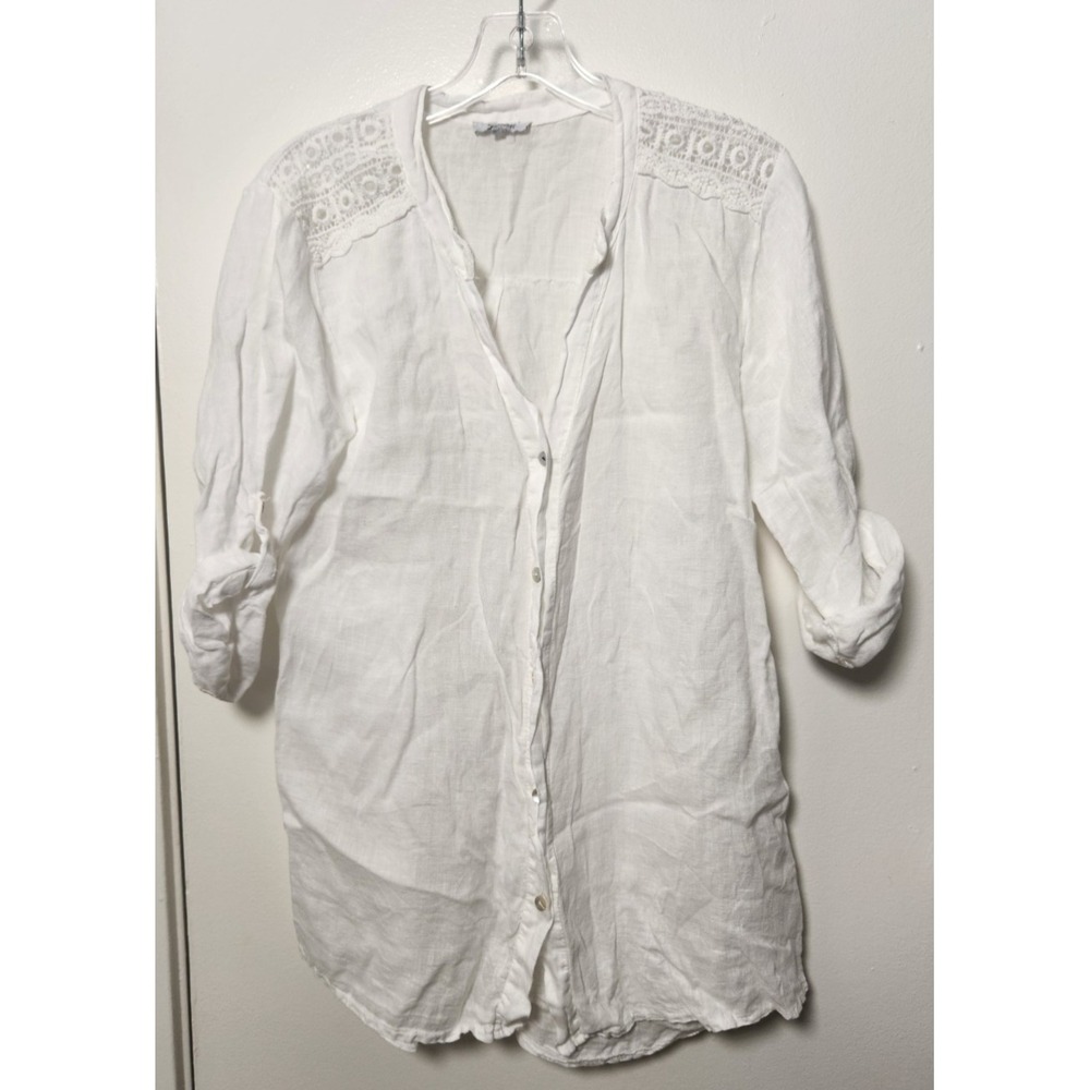 Rosemarine Italy White‎ 100% Linen V-Neck Button Down Shirt Tunic Cover Up Sz M